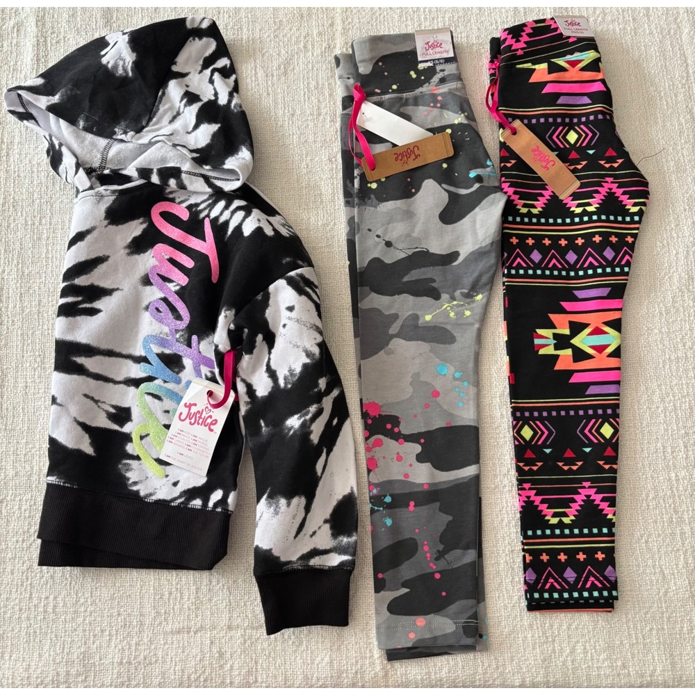 Justice Girls 3pc Set Tie Dye Hoodie Camo Splatter Tribal Leggings XS 5/6 NWT
